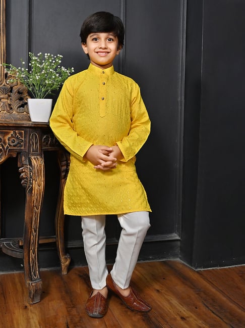 Ahhaaaa Kids Yellow & White Embellished Full Sleeves Kurta With Pyjamas-picture-27