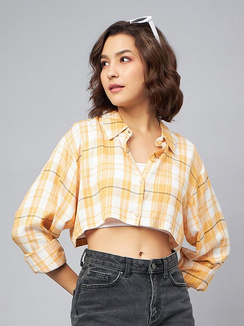 CHIMPAAANZEE Yellow & White Viscose Checks Crop Shirt-picture-23