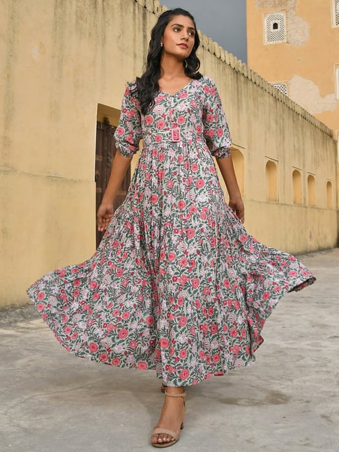 Janasya Pastel Green Floral Print Maxi Dress