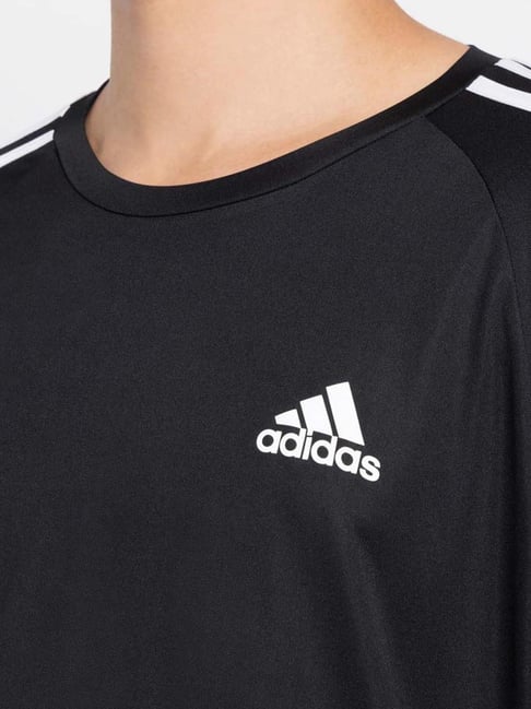 Buy Adidas Black Cotton Regular Fit Striped Sports T-Shirt for