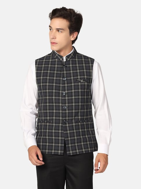 TAHVO Black Slim Fit Check Nehru Jacket