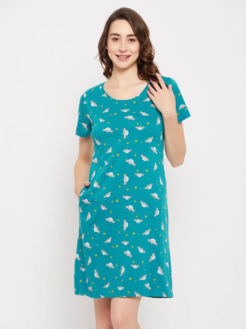 ZEYO Womens Cotton Blue Heart Printed Stylish Maxi Night Dress Nighty