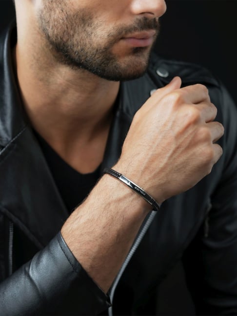 Police Indy Polished Stainless Steel & Black Leather Bracelet for Men-picture-34