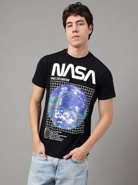 Free Authority Black Cotton Regular Fit NASA Printed T-Shirt