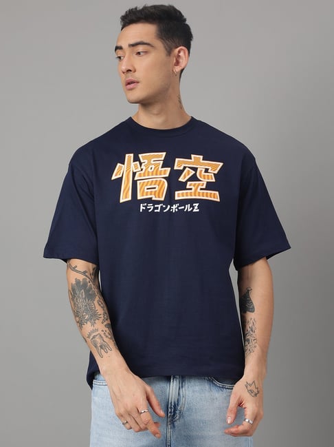 Free Authority Blue Cotton Loose Fit Dragon Ball Z Printed T-Shirt