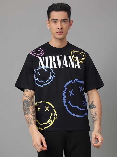 Free Authority Black Cotton Loose Fit Nirvana Printed T-Shirt