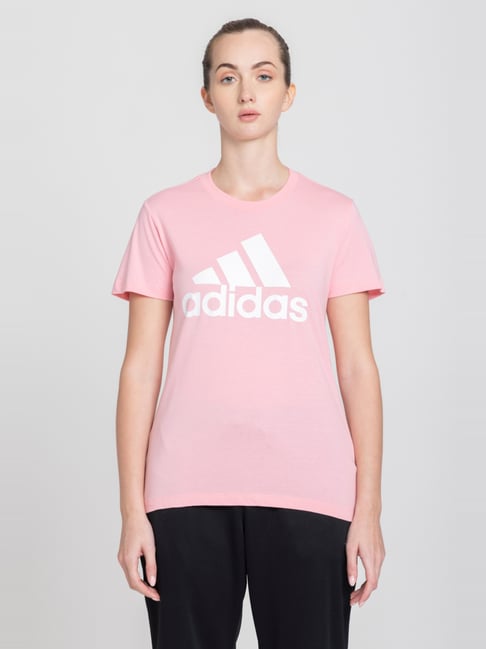 adidas Pink Cotton Logo Print Sports T-Shirt