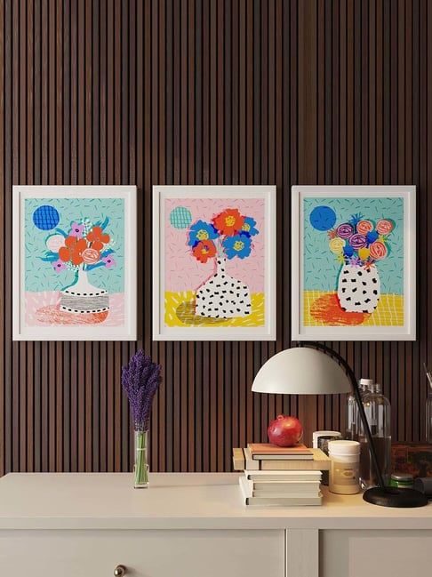 Art Street Blue Engineered Wood Minimal Dots Painting Flower Prints For Wall Art - Set of 3-picture-21