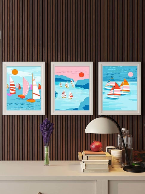Art Street Blue Engineered Wood Floater Pop Boat In The Sea Prints For Wall Art - Set of 3-picture-16
