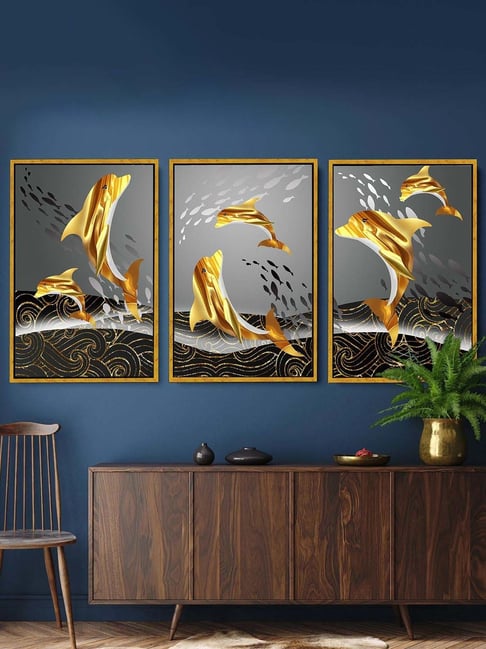 Art Street Gold Engineered Wood Modern Canvas Sea Dolphin Painting For Wall Art - Set of 3-picture-29