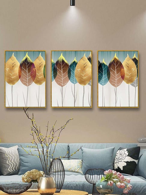 Art Street Gold Engineered Wood Leaves Canvas Prints For Living Room Bedroom Wall Art - Set of 3-picture-30