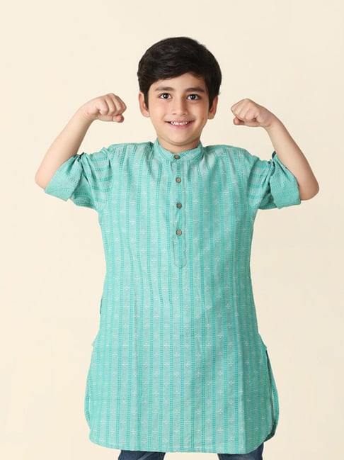 Fabindia Kids Mint Green Self Design Full Sleeves Kurta-picture-13