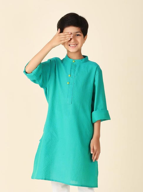 Fabindia Kids Teal Textured Full Sleeves Kurta-picture-22