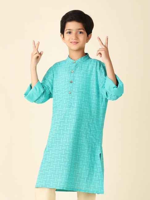 Fabindia Kids Teal Printed Full Sleeves Kurta-picture-46