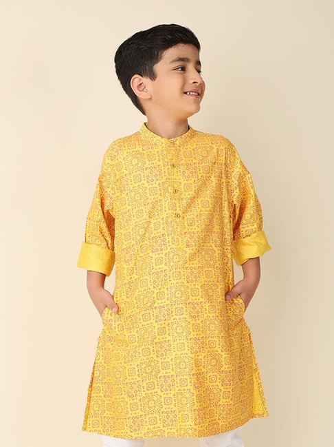 Fabindia Yellow Viscose Silk Hand Block Printed Long Kurta-picture-47