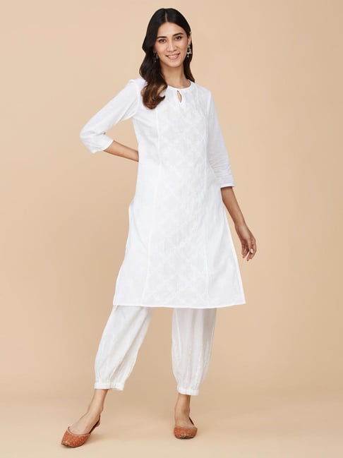 Buy White Cotton Printed Long Kurta for Women Online at Fabindia | 20148310
