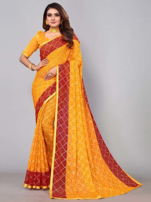 Buy Chrome yellow bandhani printed dola silk saree with weaved work Online  - Kalki Fashion