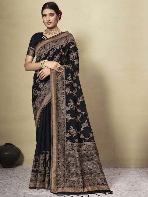 Buy Ash Black Saree In Satin Crepe With Rose Print And Kundan Detailed  Border Along With Unstitched Blouse Online - Kalki Fashion