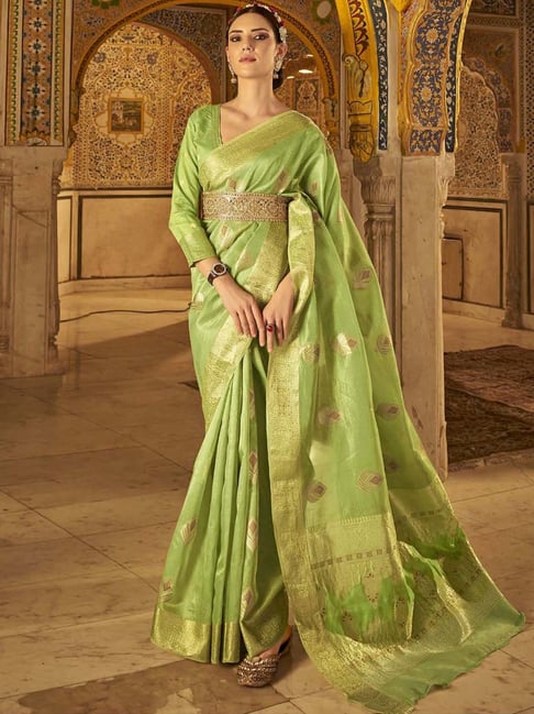 Fabulous Parrot Green Color Soft Silk Base Ceremonial Wear Saree With Navy  Blue Color Blouse