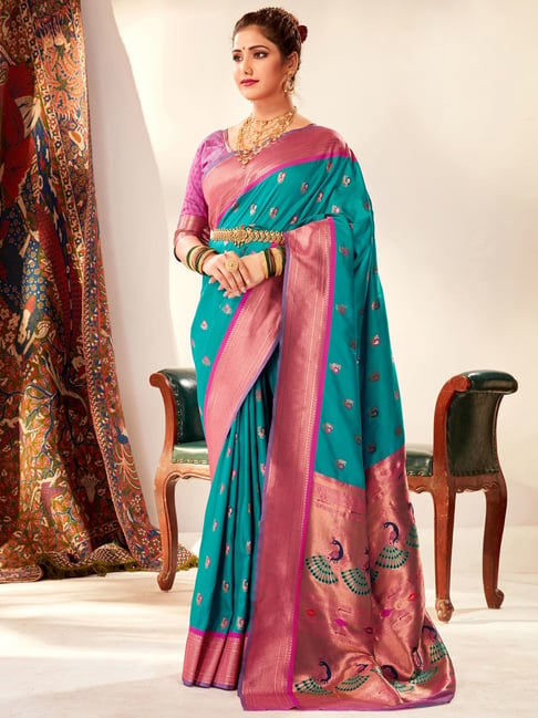 Rama blue silk saree with swarovski border - G3-WSA54827 | G3fashion.com