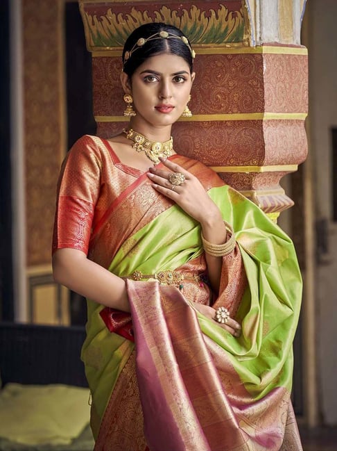 parrot green kanjeevaram silk saree and blouse