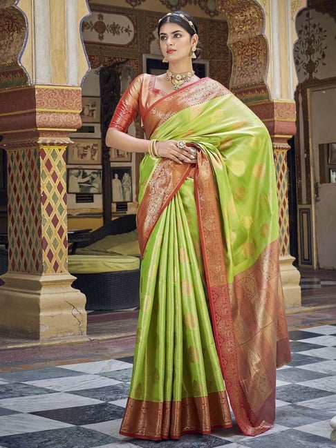 For Women's Bhagalpuri Kota Silk Parrot Green Saree With Plain Blue Temple  Border Running Blouse Piece