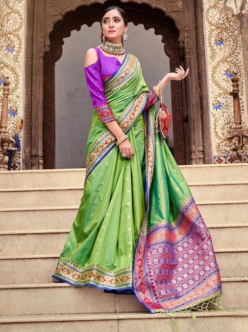 Silk Parrot Green Saree Heavy Embroidery Zari Thread & Coding Work with  Embroidery Blouse » BRITHIKA Luxury Fashion