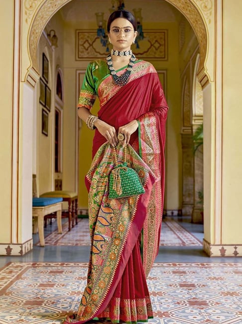 Shop Green-Red Sequins Work Silk Reception Wear Saree With Blouse From  Ethnic Plus