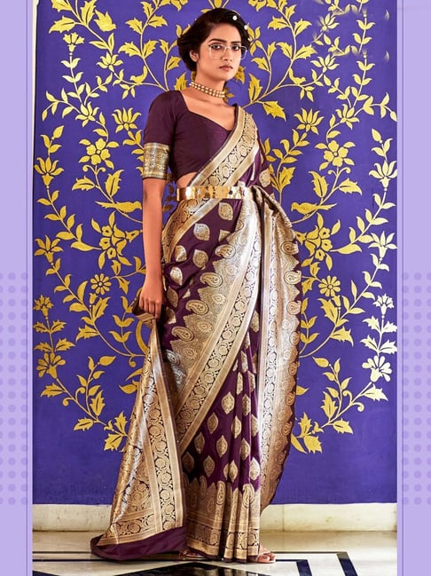 Buy Purple Silk Embroidery V Neck Zari Gardenia Border Saree With Blouse  For Women by Deep Thee Online at Aza Fashions.