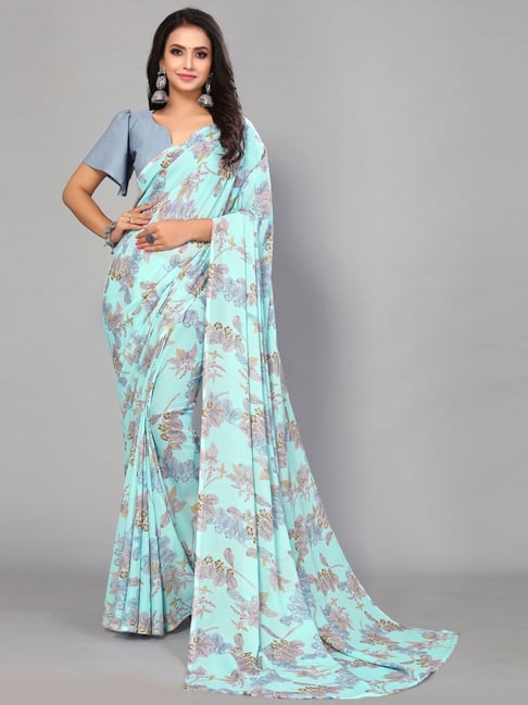 Turquoise Print Floral Sari Fabric