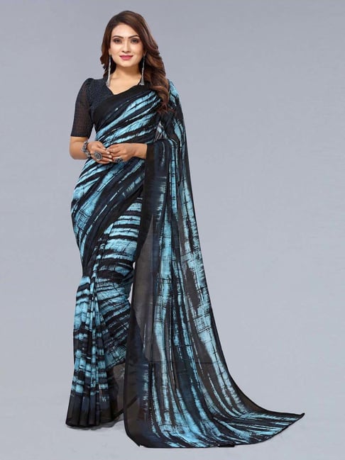 Blue-Black Colour-blocked Shibori Saree – Studio Medium