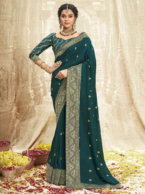 Bottle Green Sequins With Embroidered Chiffon Saree