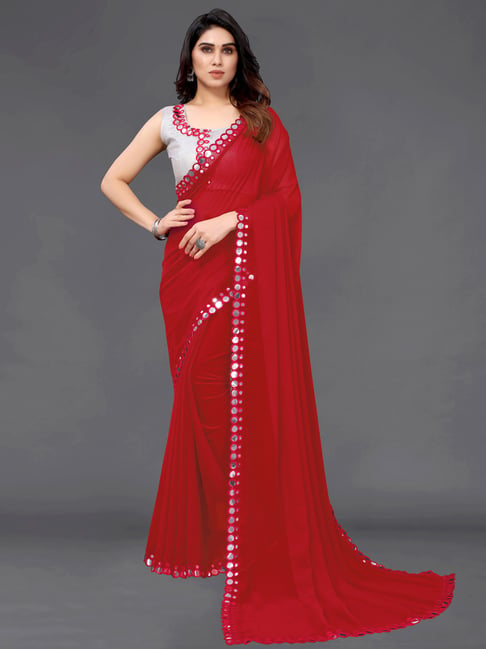 Mirror Border worked plain Red Pure Organza Saree – Organza Mall