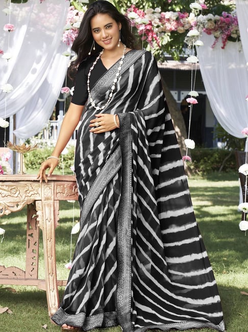 Buy Black Satin Silk V Neck Striped Saree With Blouse For Women by PUNIT  BALANA Online at Aza Fashions.