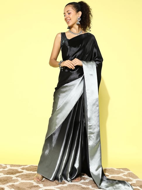 ANANT DESIGNER STUDIO Women's Woven Black Satin Saree With Blouse Piece :  Amazon.in: Fashion