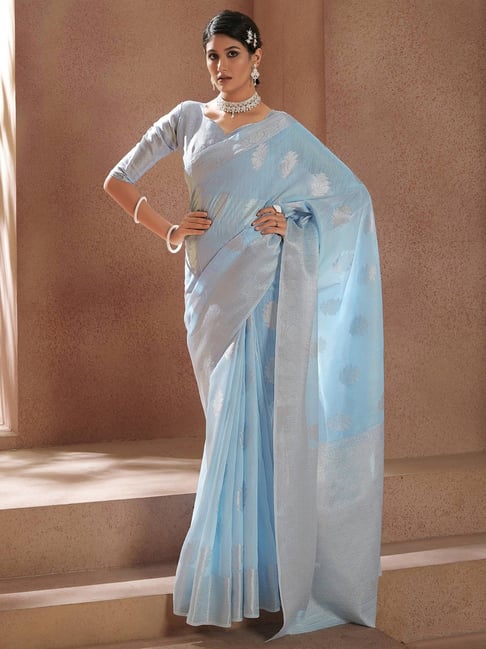 Buy Peacock Blue Stone Work Raw Silk Saree - Koskii