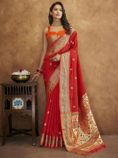 Cream Color Soft Banarasi Silk Saree with Red Blouse and Golden Zari Work  for Wedding Wear - Navshtri Family