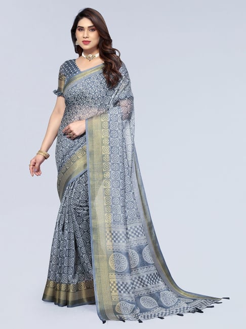 Party Wear Sarees With Designer Contrast Blouses- Ready Plated- Black Grey  Colour | Grey Contrast Colour | 3d-mon.com