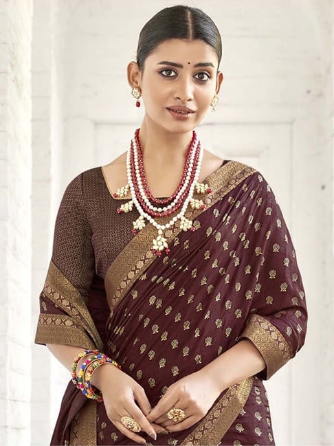 Shop Maroon Embroidered Blouse Paired Contrast Beige Saree