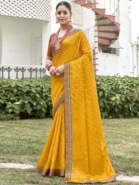 Traditional Yellow Sari Jacquard Beautiful Look Wedding Wear & Contrast  Blouse | eBay