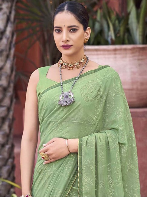 Free full draping )Parrot green and gold silk saree with hand worked –  Threads