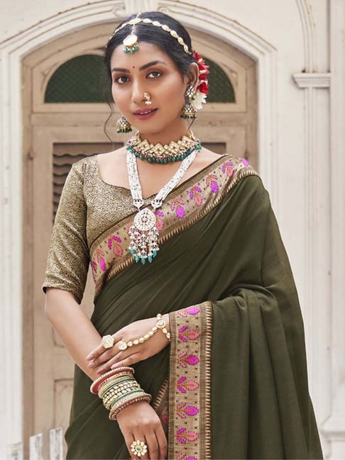 Matka Bandini Zari Borders Mehandi Green Saree