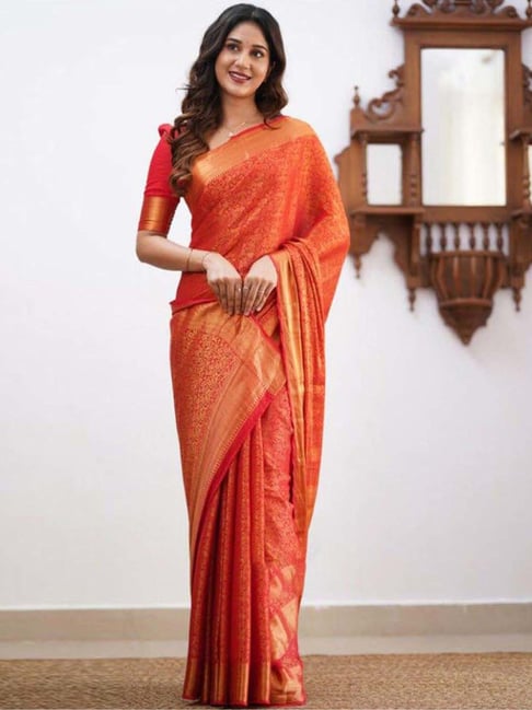 Fancy Organza Red Color golden Border Saree With Silver Line For Women