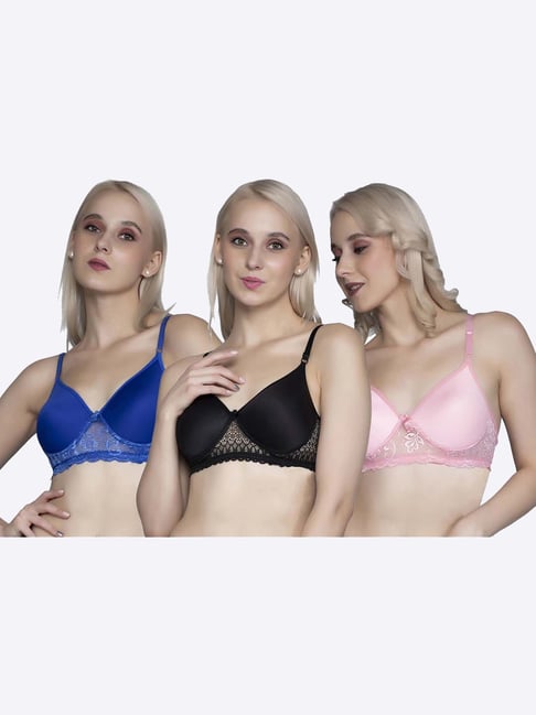 FIMS Black & Blue Lace Work Bras - Pack Of 3-picture-44
