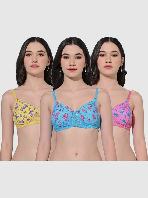 FIMS Blue & Yellow Printed Bras - Pack Of 3