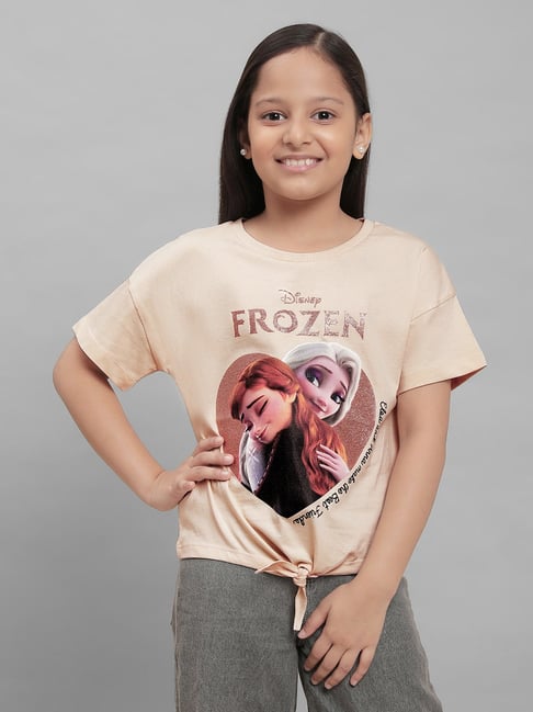 Kidsville Frozen Printed Brown Tshirt For Girls-image-49