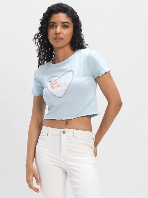 Buy Forever 21 Sky Blue Cotton Graphic Print Crop Top for Women
