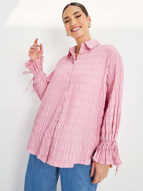 Styli Pink Textured Oversized Longline Shirt With Buttons-picture-32