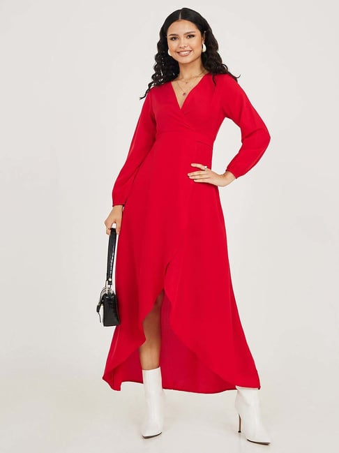 Styli Red Long Sleeves Wrap Around Maxi Dress