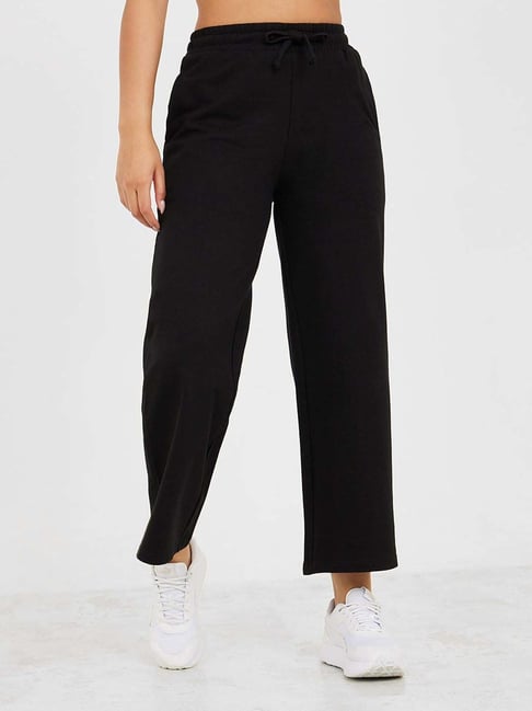 Buy Women Black Regular Fit Solid Wide Leg Drawstring Track Pants